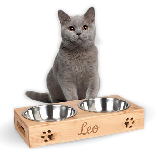 LAUBLUST Futterstation mit Name Personalisiert für Katze - Natur | 31x15x6 cm -...