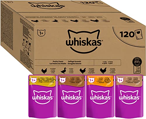 Whiskas Adult 1+ Katzennassfutter Geflügel Auswahl in Gelee, 120 Portionsbeutel,...