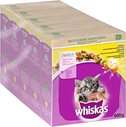 Whiskas Junior Trockenfutter Huhn, 5x800g (5 Packungen) - für heranwachsende Katzen...