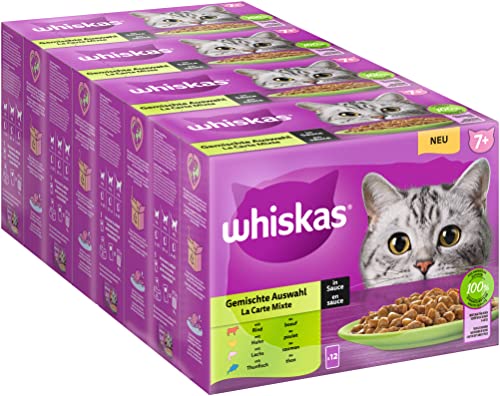 Whiskas Senior 7+ Katzennassfutter Gemischte Auswahl in Sauce, 48 Portionsbeutel,...