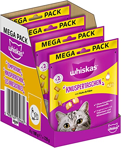 Whiskas Knuspertaschen Katzensnack mit Huhn– & Käsegeschmack, 4er Pack, 4x180g –...