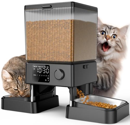 oneisall 5L Futterautomat Katze 2 Näpfe, Katzenfutter Automat mit einem Knopf,...