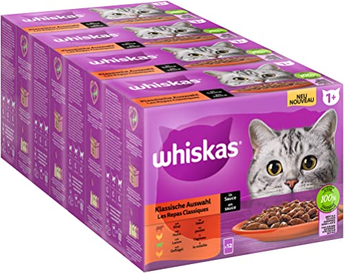 Whiskas 1+ Katzennassfutter Klassische Auswahl in Sauce, 12x85g (4 Packungen) –...