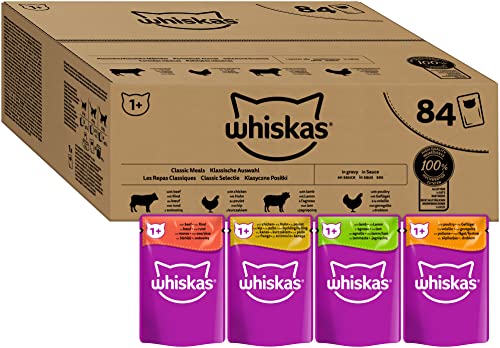Whiskas 1+ Katzennassfutter Klassische Auswahl in Sauce, 84x85g (1 Großpackung) –...