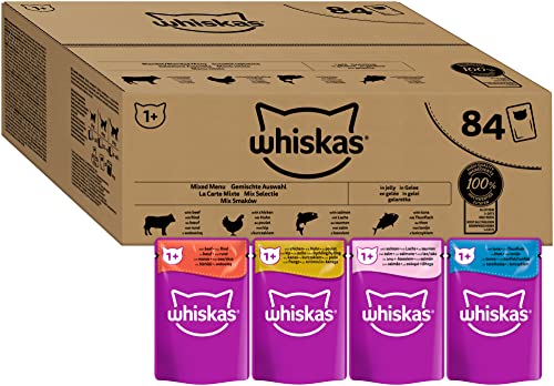 Whiskas Adult 1+ Katzennassfutter Gemischte Auswahl in Gelee, 84 Portionsbeutel,...