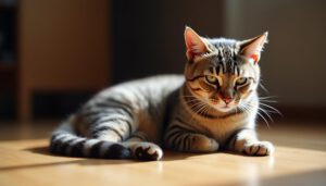 Besorgte getigerte Katze, die stark auf Wohnzimmerboden haart, fotografiert mit iPhone 14