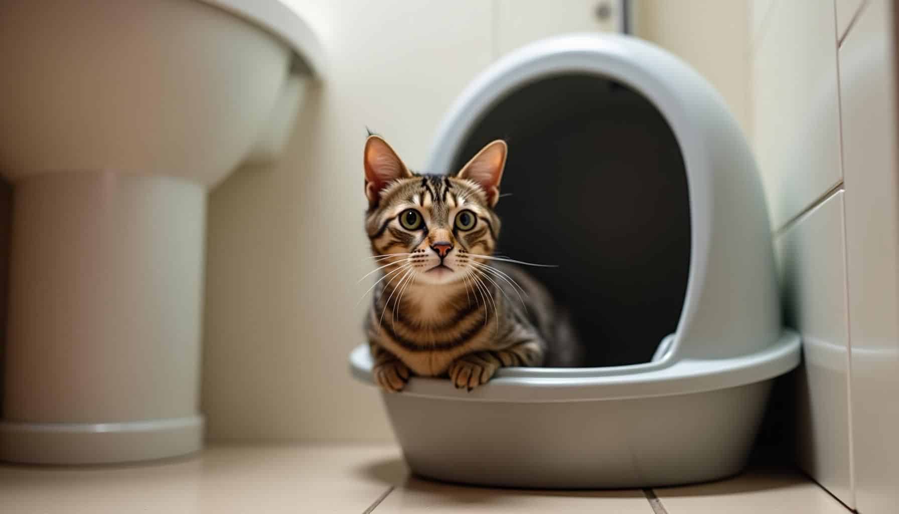 Besorgte Tabby-Katze neben Katzenklo in deutschem Badezimmer