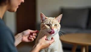 Europäische Kurzhaar-Katze leckt Hand einer Frau im deutschen Wohnzimmer