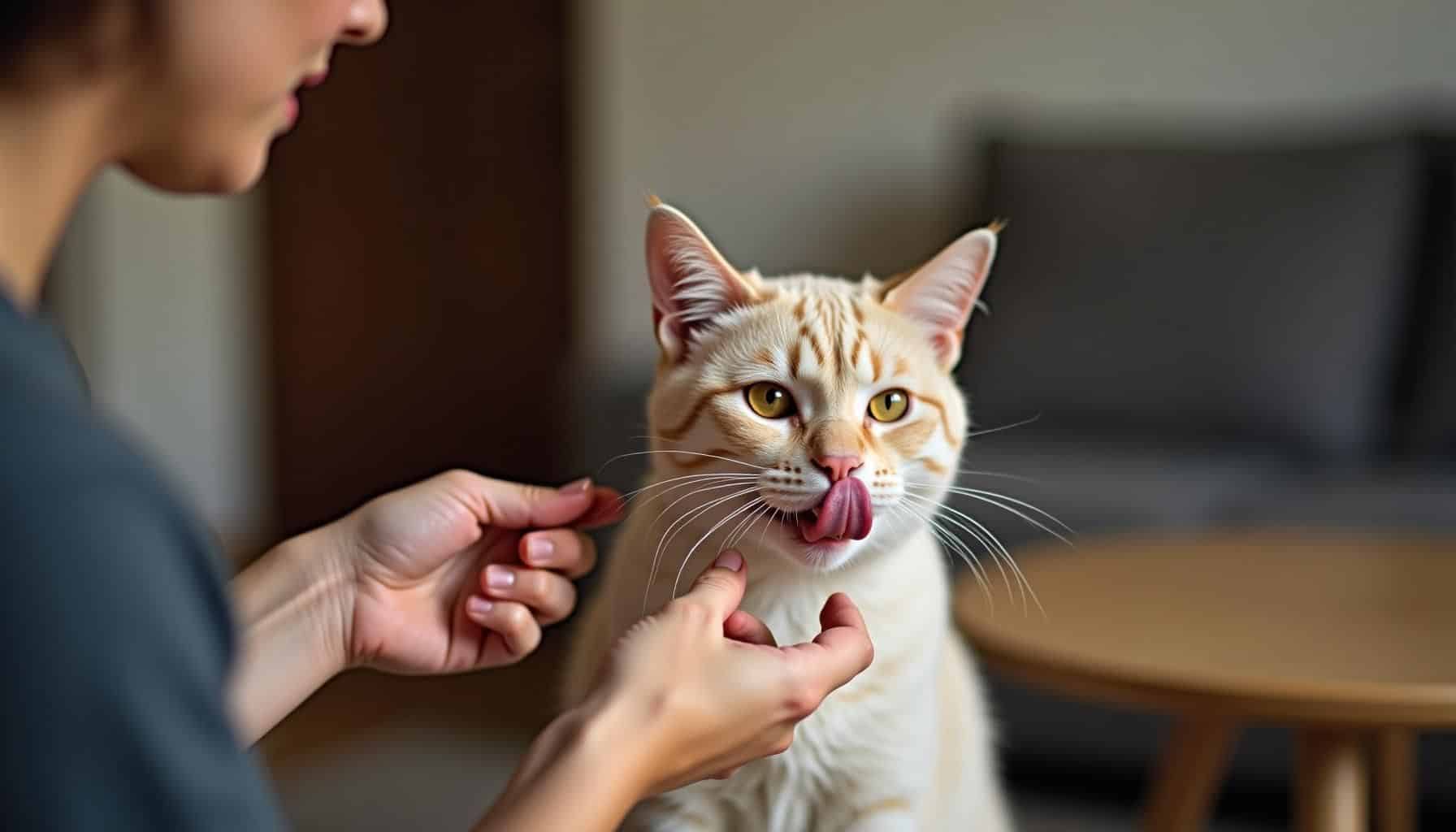 Europäische Kurzhaar-Katze leckt Hand einer Frau im deutschen Wohnzimmer