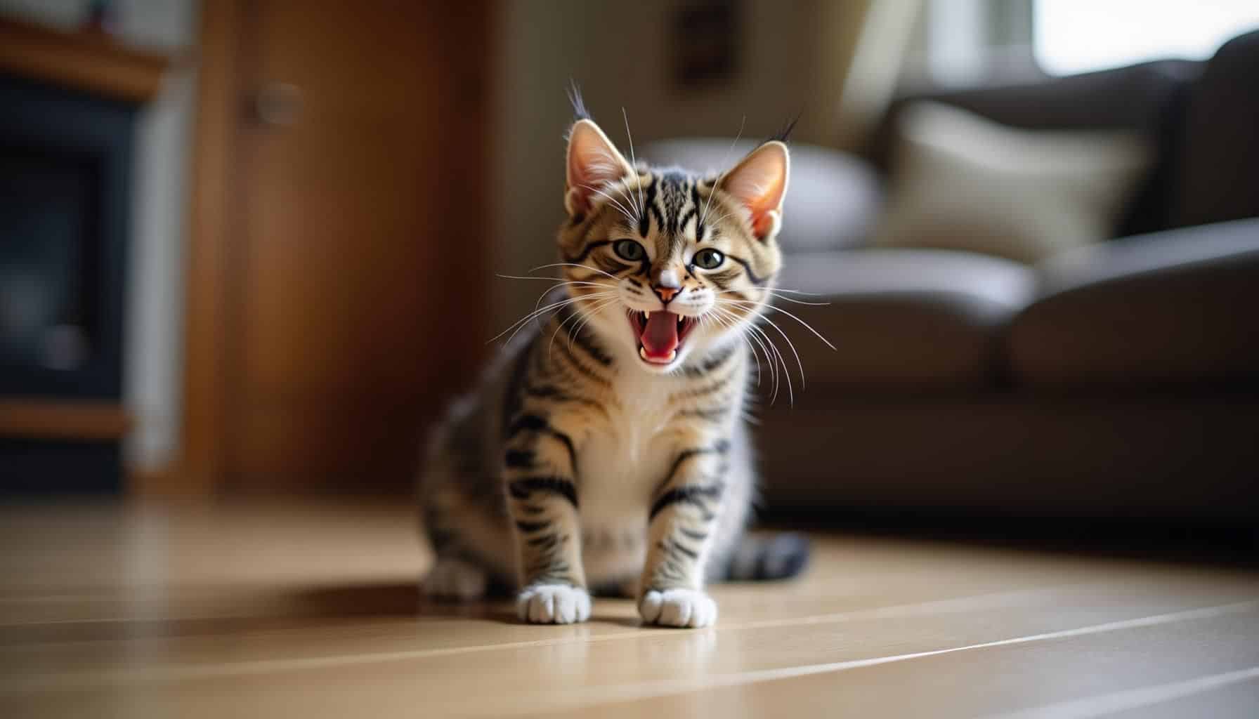 Aggressive getigerte Katze faucht im deutschen Wohnzimmer