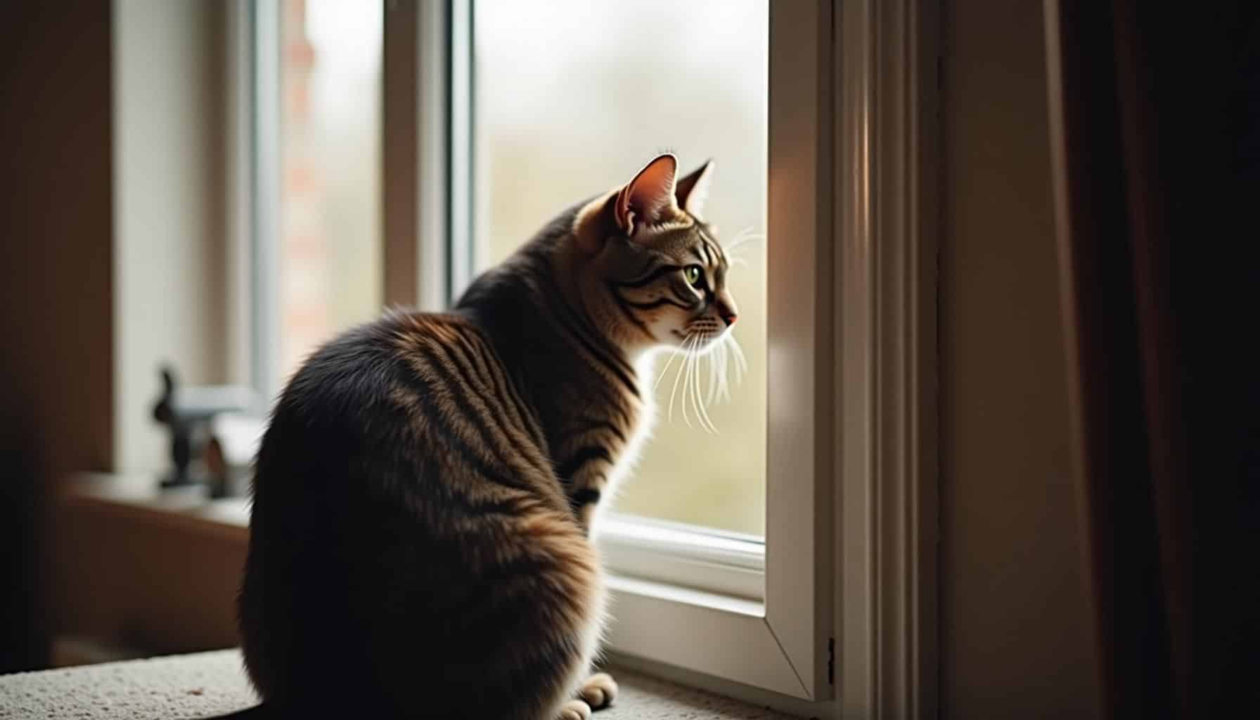 Getigerte Katze starrt aus dem Fenster in deutschem Wohnzimmer