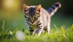 Getigerte Katze erkundet zum ersten Mal den Garten bei natürlichem Licht