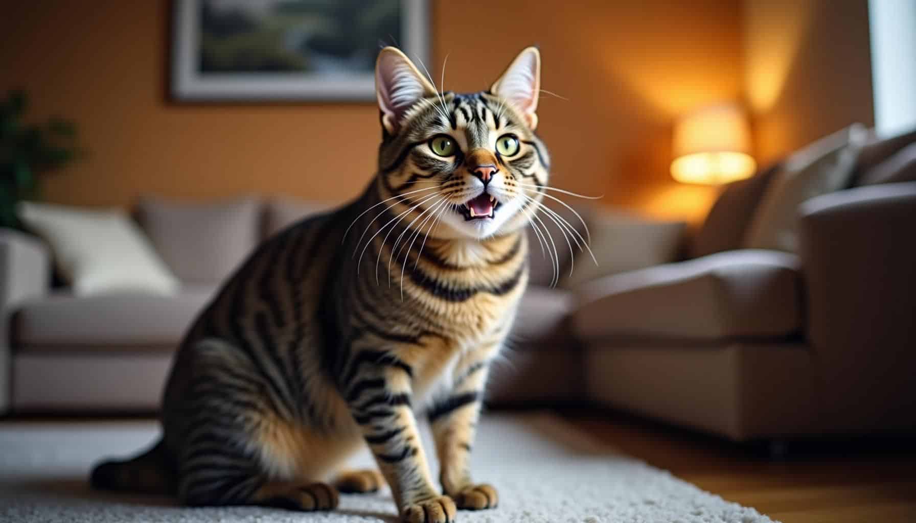 Getigerte Katze atmet schnell im deutschen Wohnzimmer, fotorealistisch aufgenommen