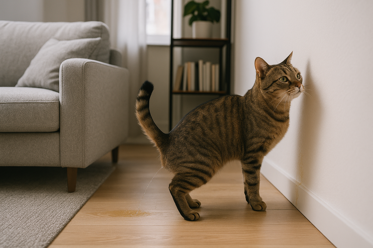 Europäisch Kurzhaar markiert mit Urinstrahl eine weiße Wand im modernen Wohnzimmer neben einem grauen Sofa.