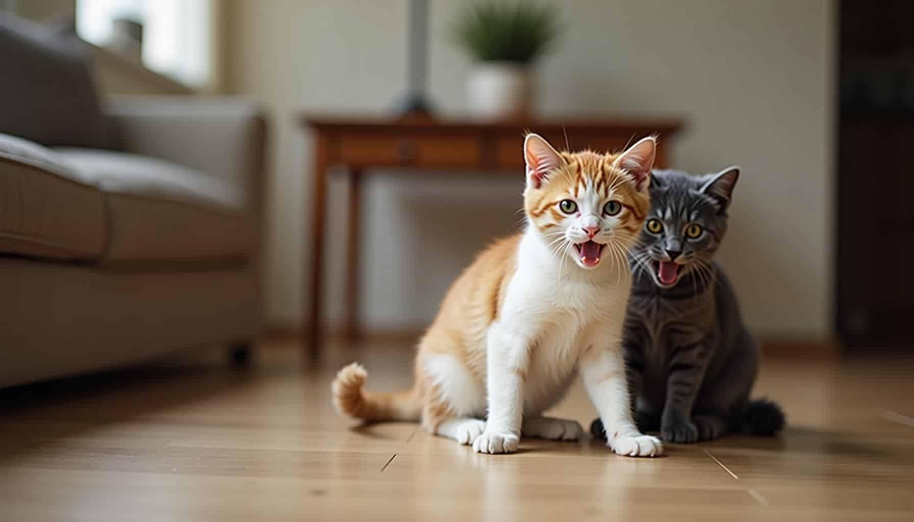 Zwei Hauskatzen spielen im deutschen Wohnzimmer, aufgenommen mit iPhone 14