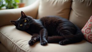 Schwarze Katze ruht sich im deutschen Wohnzimmer bei natürlichem Licht aus