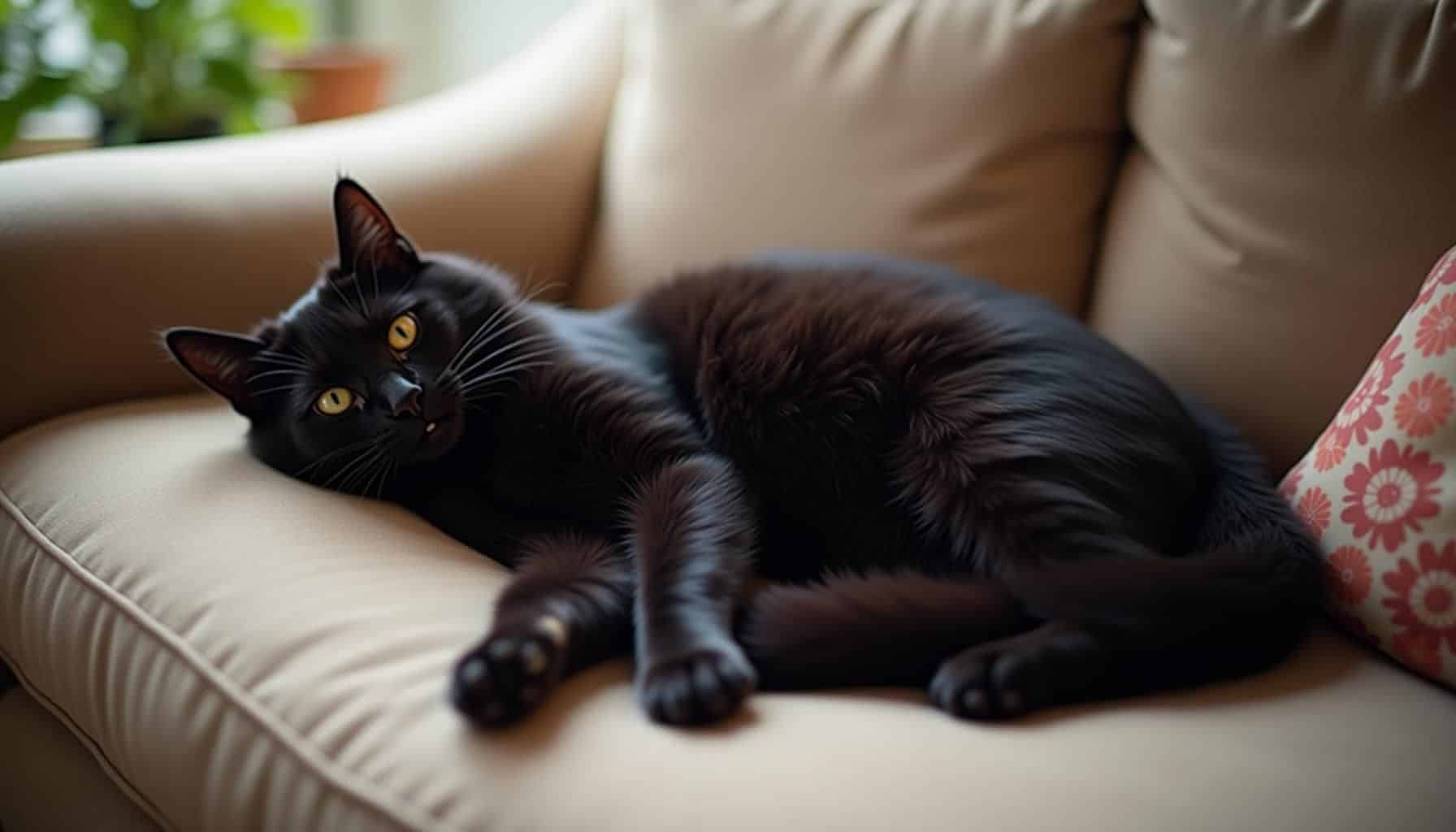 Schwarze Katze ruht sich im deutschen Wohnzimmer bei natürlichem Licht aus