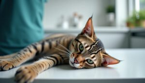 Europäische Kurzhaarkatze entspannt in deutscher Tierklinik liegend
