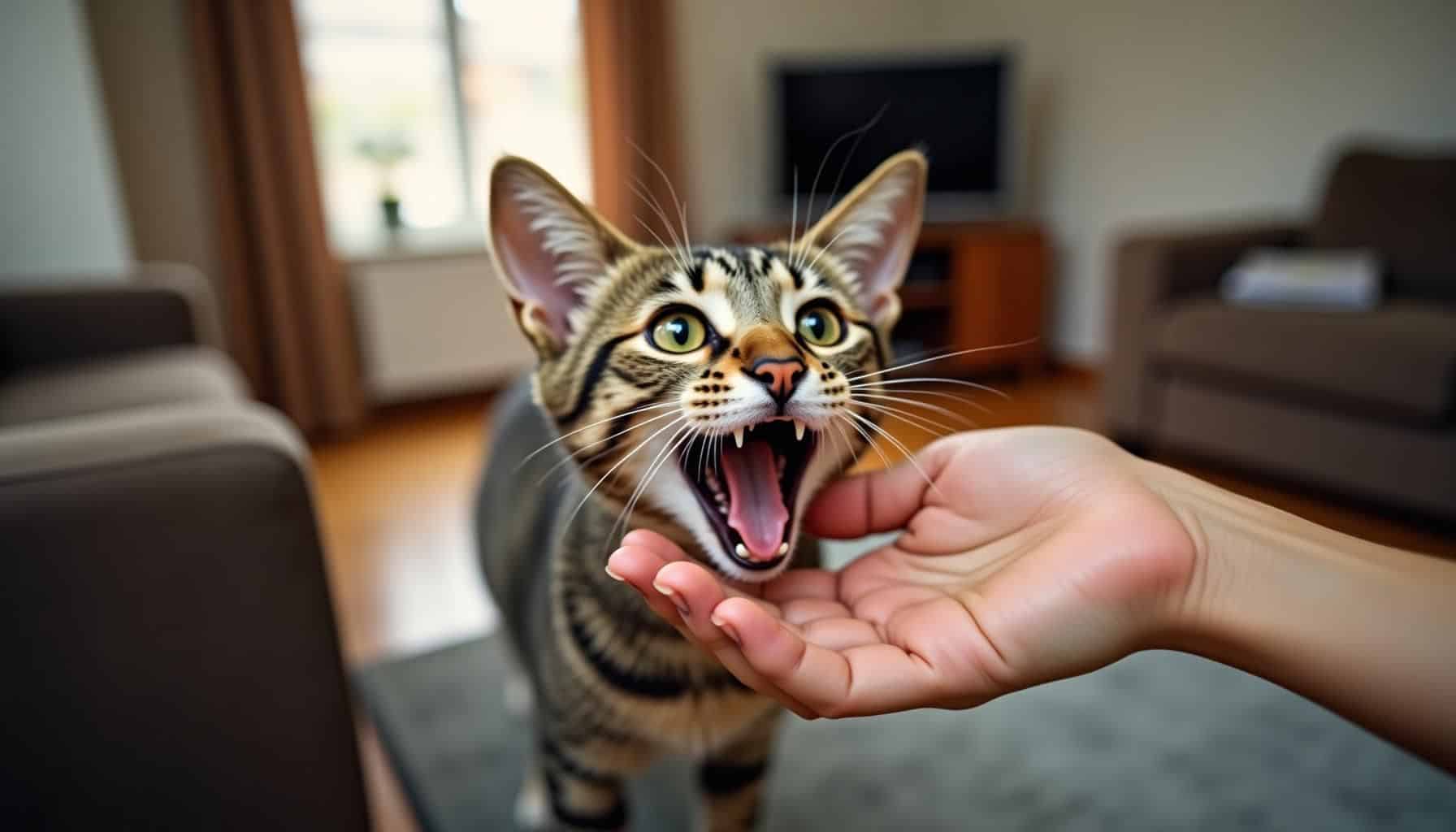Spielende getigerte Katze knabbert sanft an Hand des Besitzers im Wohnzimmer